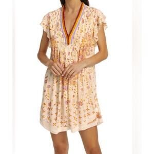 POUPETTE ST BARTH SASHA MINI Coral BLUE FLORAL SMALL FRINGE TRIM FLUTTER SLEEVE